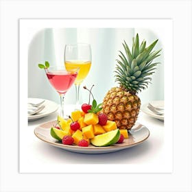 Watercolor Image Of A Fruit Salad With Pineapple And Mango On A Chic Restaurant Table Art Print