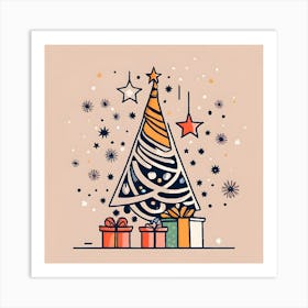 Modern Christmas Tree with Presents Drawing Art Print