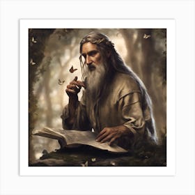 A wise man is reading a book in a mythical world Art Print