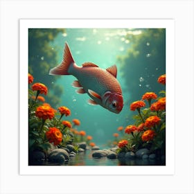 Salmon Jumping Near Marigolds 1 Art Print