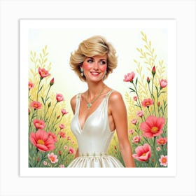 Elegant Princess Diana Surrounded By Watercolor Meadow Of Flowers Art Print