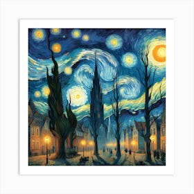 Old Townscape in Starry Night, With Moon Art Print