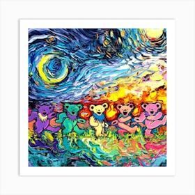 Grateful Bears Dancing Painting Starry Night Van Gogh Art Print