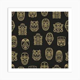 Indian Aztec African Historic Tribal Mask Seamless Pattern Art Print