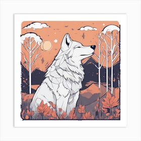 Sticker Art Design, Wolf Howling To A Full Moon, Kawaii Illustration, White Background, Flat Colors, (5) 1 Art Print