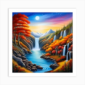 Autumn Landscape With Waterfall Art Print