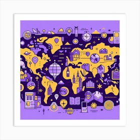 World Icons: A Simple and Inspiring Illustration of Famous Landmarks and Symbols on a World Map in Purple and Yellow Colors Art Print