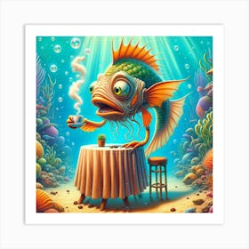 Fish At The Table with coffee Art Print