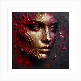 Portrait Of A Woman's Face - An Embossed Textured Abstract Artwork In Blood Red, Golden, And Purple Colors With Charcoal Background. Art Print