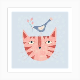 Cat with Bird and Flower Art Print