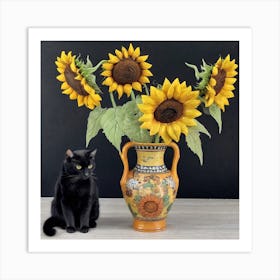 Sunflowers And Cat 1 Art Print