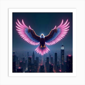 An Abstract Eagle With Wings Of Pulsating Neon Patterns Soaring Above A Futuristic Cityscape 1 Art Print