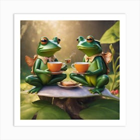 Two Frogs Drinking Tea Art Print