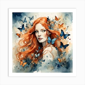 Red Haired Girl With Butterflies I Art Print