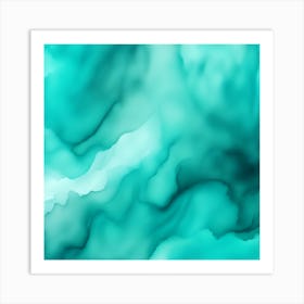 Beautiful teal aqua abstract background. Drawn, hand-painted aquarelle. Wet watercolor pattern. Artistic background with copy space for design. Vivid web banner. Liquid, flow, fluid effect. Art Print