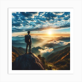 Man Standing On Top Of Mountain At Sunrise Art Print