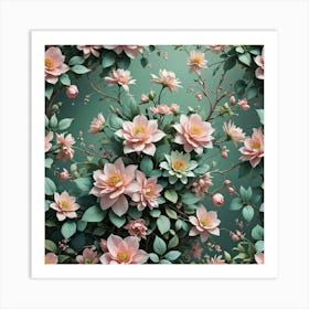 Pink Flowers On A Green Background Art Print