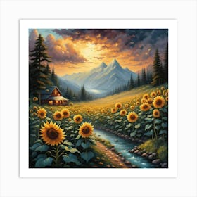 Sunflowers At Sunset Art Print