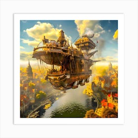 Steampunk airship cruising the river 1 Art Print