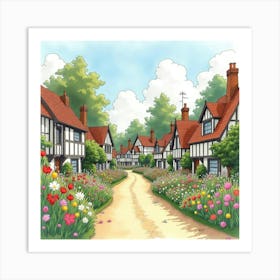 An English Village With A Traditional Flower Festival, Illustrated In Watercolor 1 Art Print