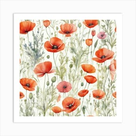 Wildflowers Watercolor Field Drawing Summer Popp (1) Art Print