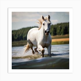 White Horse Running In Water 2 Art Print