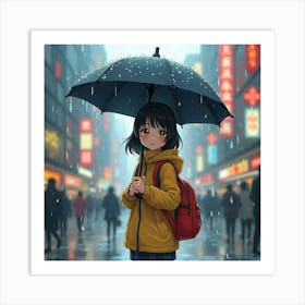 A Young Girl Holding An Umbrella, With Colorful Raindrops Falling Around Her In A Vibrant City Art Print