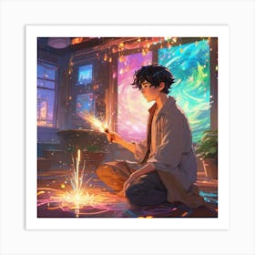 Boy With Sparklers Art Print