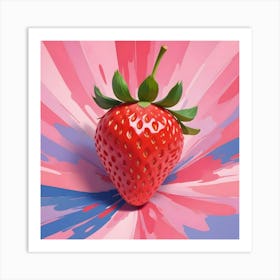 A Single Strawberry With Green Leaves Is Centered On A Bright Background With Pink And Blue Swirls That Resemble A Radial Explosion Art Print