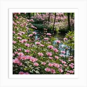 Pink Flowers In The Lake Forest Art Print