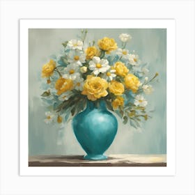 Yellow Roses In A Blue Vase Art Print