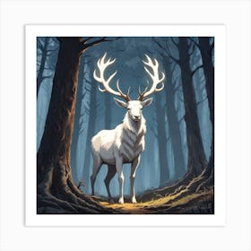 A White Stag In A Fog Forest In Minimalist Style Square Composition 28 Art Print