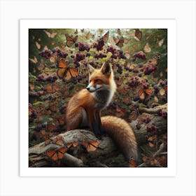 Fox And Butterflies Art Print