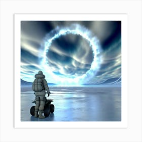 A lone figure in a wintery landscape, standing before a glowing portal. Art Print