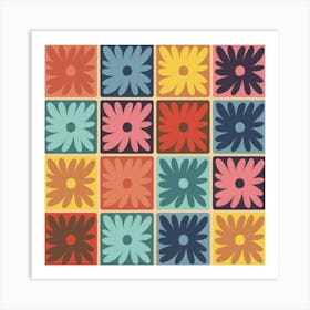 Retro Abstract 70s Flowers Squares Art Print