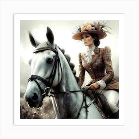 British Lady With Hat On A White Horse Detail Color Drawing Art Print