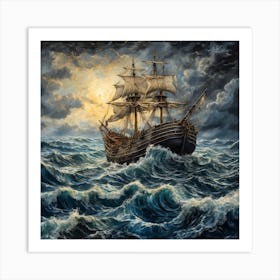 Sailing Ship In Stormy Sea Art Print