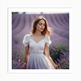 Beautiful Woman In White Dress In A Lavander Field 2 Art Print