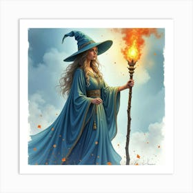 Enchanting Sorceress With A Luminous Staff, Watercolor 1 Art Print