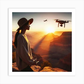 A Woman Travel Vlogger’s Pensive Moment: A Silhouette Overlooking the Grand Canyon with a Drone Camera in the Sky Art Print