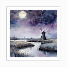 mill on the fens in moonlight Art Print