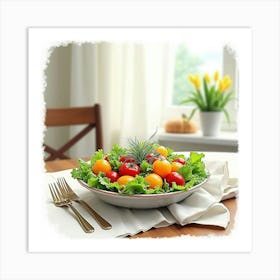 Watercolor Depiction Of A Fresh And Light Summer Vegetable Salad On A Cozy Dining Table Art Print