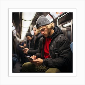 Young Man On Subway Looking At His Phone Art Print