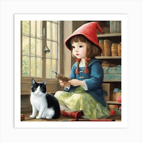 Cute Kawaii Gnome Girl Sitting And Painting Her Cats Back With Magic Brushstunning Masterpiece B Art Print