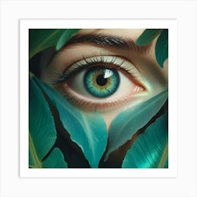 Close Up Of A Woman S Bright Blue Eye Peeking Through Lush Green Tropical Leaves Art Print