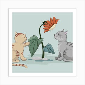 Two Cats Looking At A Flower Art Print