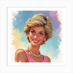 Princess Diana Smiling Gracefully, With A Rainbow Hued Watercolor Sky Art Print