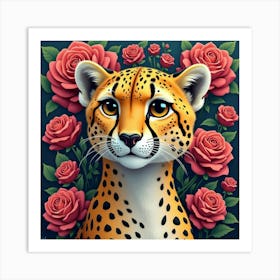 Cheetah With Vibrant Roses 1 Art Print