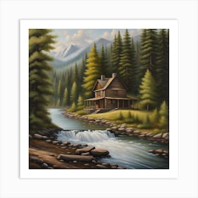 Cabin By The Stream Art Print