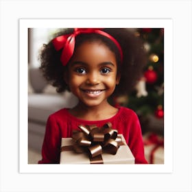 Little Girl Holding Christmas Gift Art Print